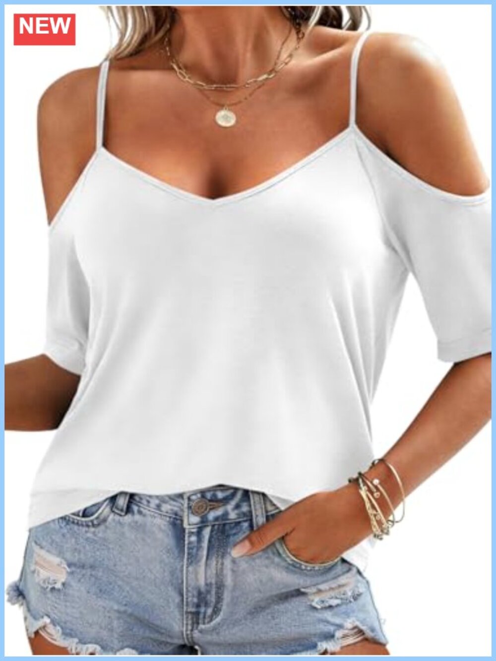 Womens Cold Shoulder Summer Top V Neck Short Sleeve Rayon Spandex Tee